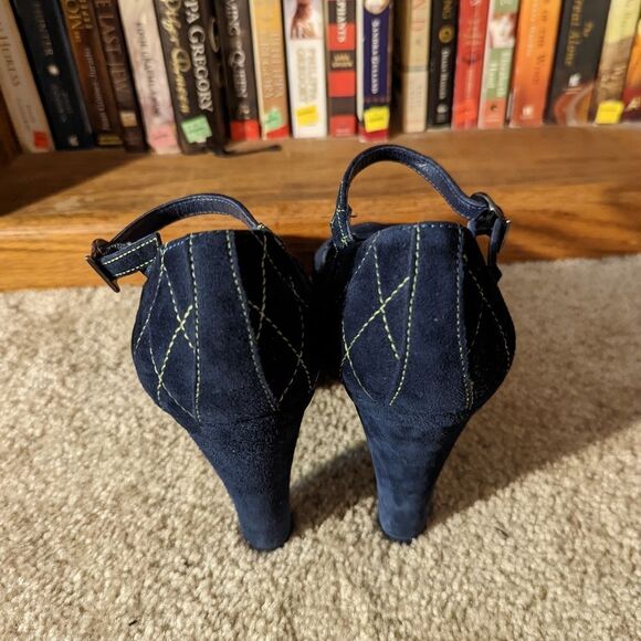 MARCHEZ Vous quilted blue suede thick heel ankle strap platform shoes sz 9.5 euc - Picture 3 of 8